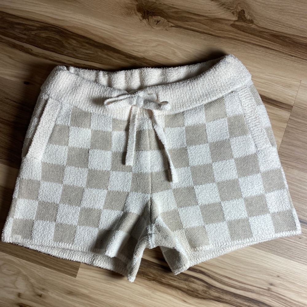 Barefoot Dreams Checkered Lounge Shorts Oatmeal Cream Tan CozyChic Knit Pockets‎